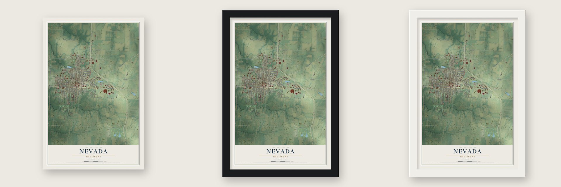 Nevada, Missouri map unframed, in a black wood frame and in a white wood frame