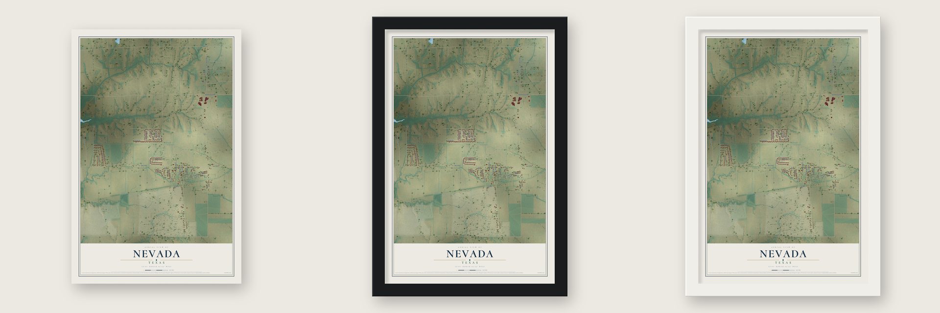 Nevada, Texas map unframed, in a black wood frame and in a white wood frame