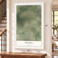 Nevada, Texas map, 24 x 36 inch print in a white frame by a staircase
