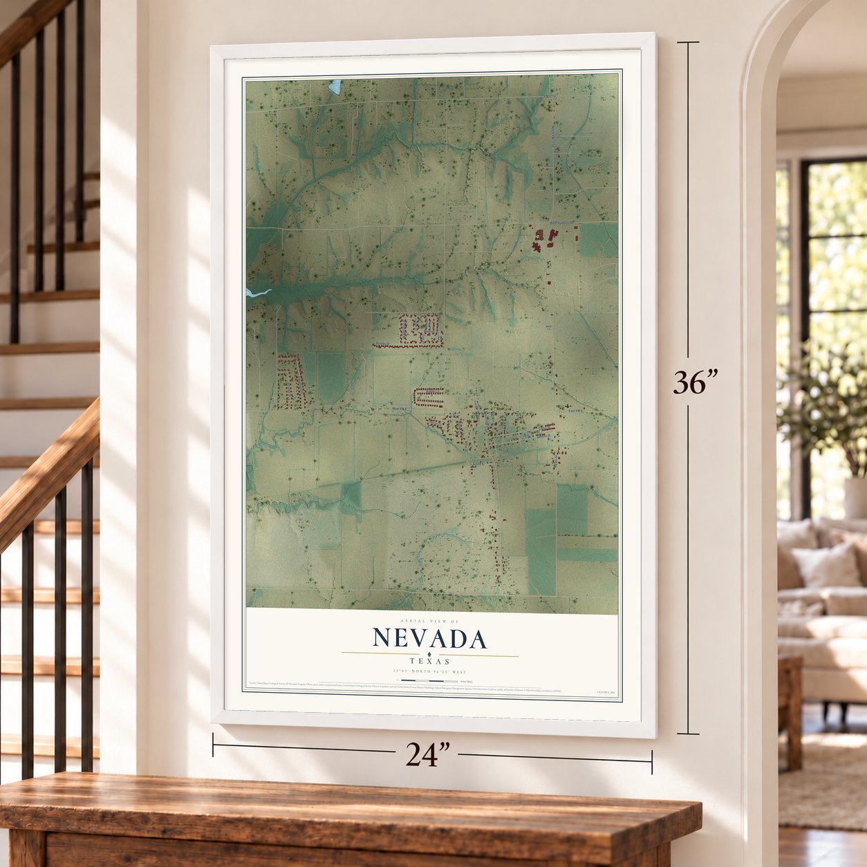 Nevada, Texas map, 24 x 36 inch print in a white frame by a staircase