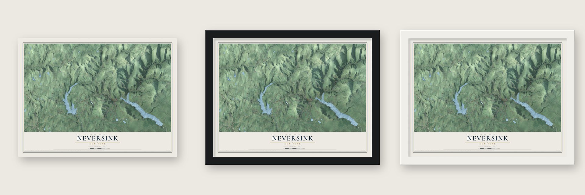 Neversink, New York map unframed, in a black wood frame and in a white wood frame