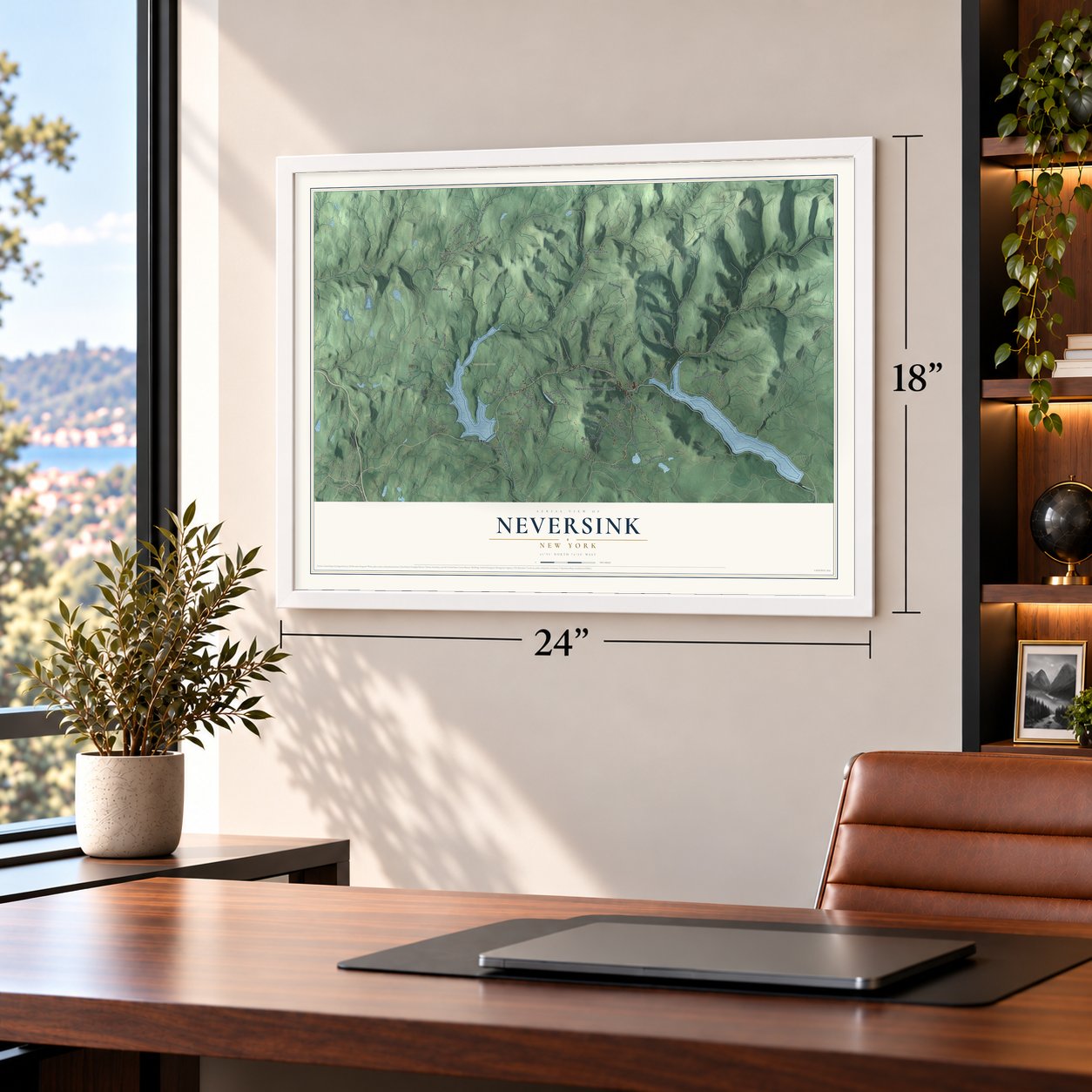 Neversink, New York map, 18 x 24 inch print in a white frame in a home office