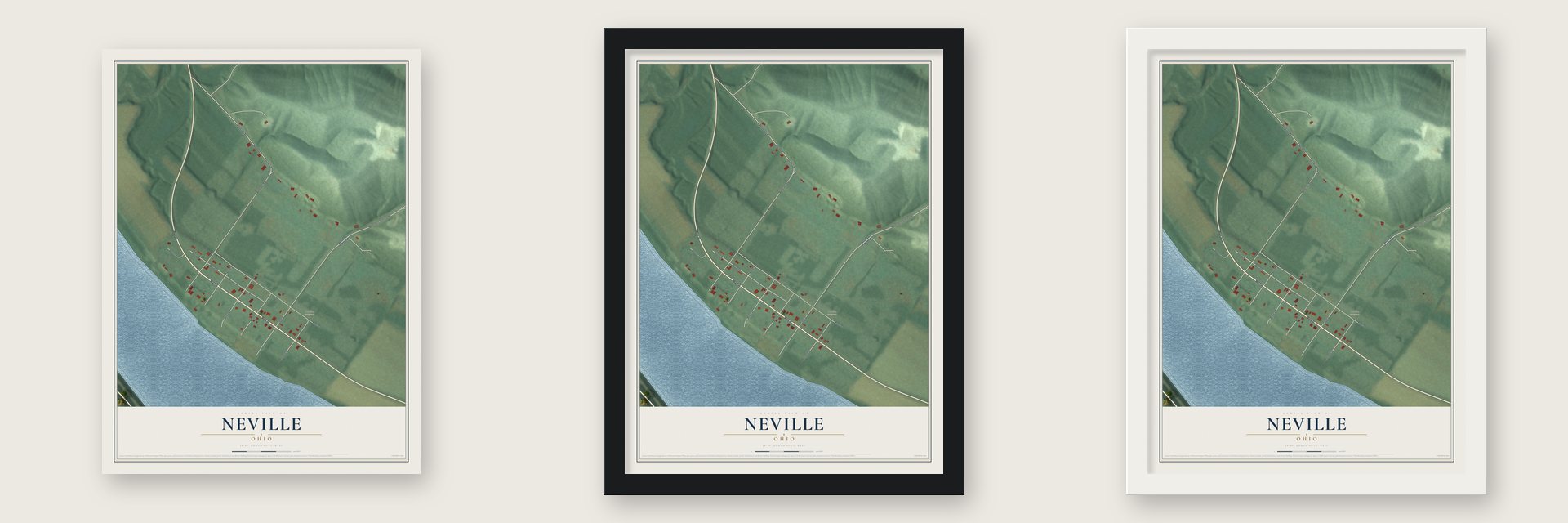 Neville, Ohio map unframed, in a black wood frame and in a white wood frame