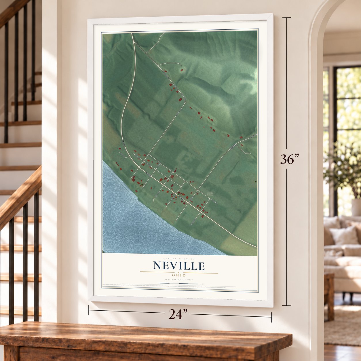 Neville, Ohio map, 24 x 36 inch print in a white frame by a staircase