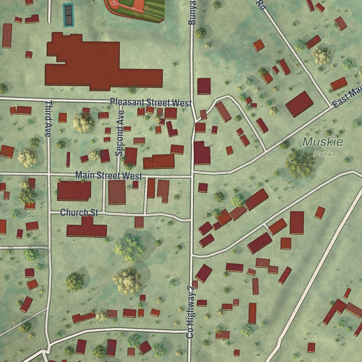 Second close-up of the map of Nevis, Minnesota print showing more streets and buildings