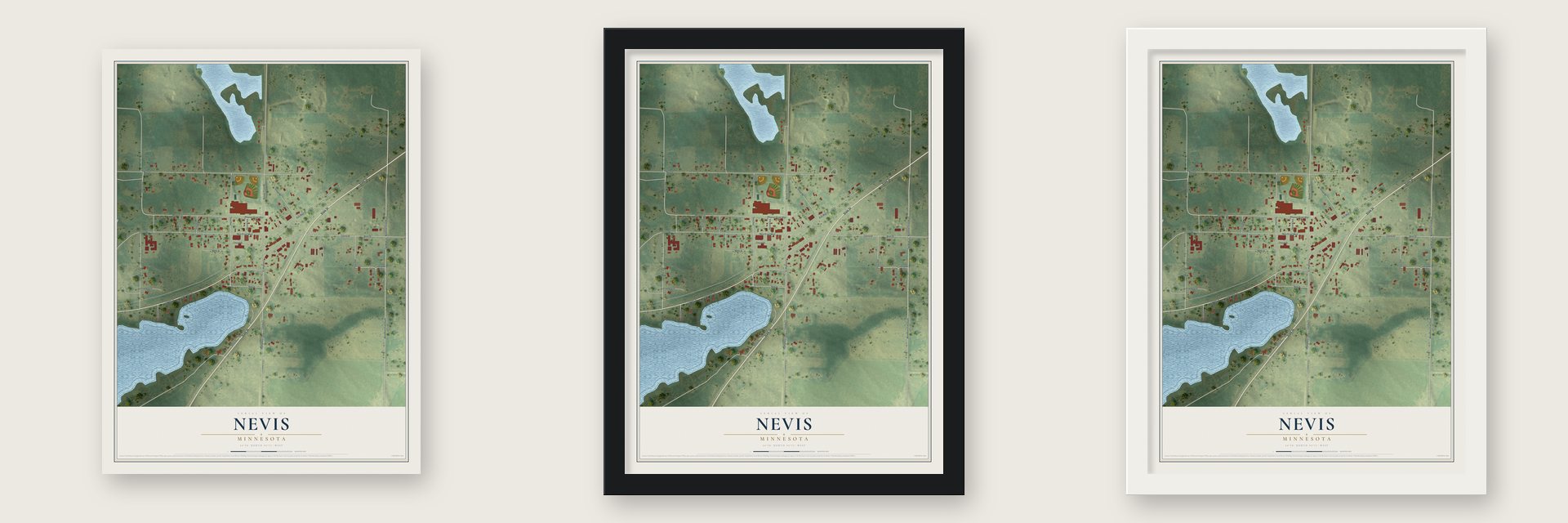 Nevis, Minnesota map unframed, in a black wood frame and in a white wood frame