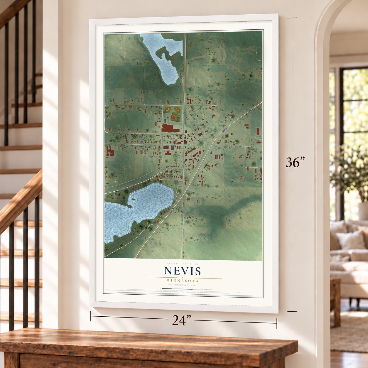 Nevis, Minnesota map, 24 x 36 inch print in a white frame by a staircase