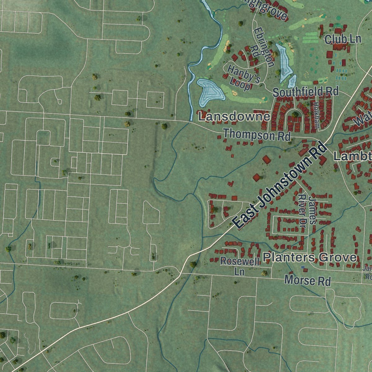 Second close-up of the map of New Albany, Ohio print showing more streets and buildings