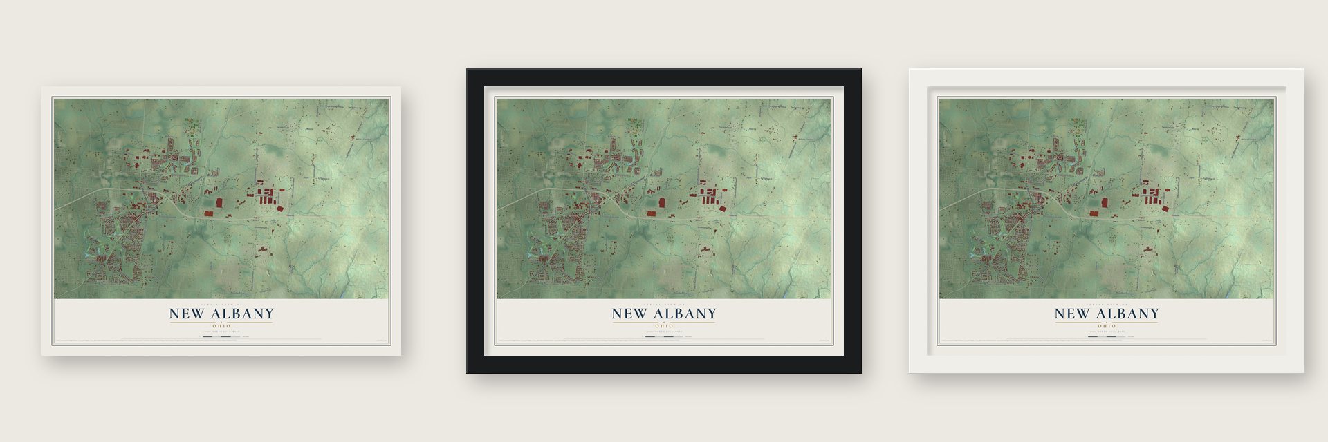 New Albany, Ohio map unframed, in a black wood frame and in a white wood frame