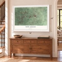 New Albany, Ohio map, 24 x 36 inch print in a white frame above a dresser by a staircase