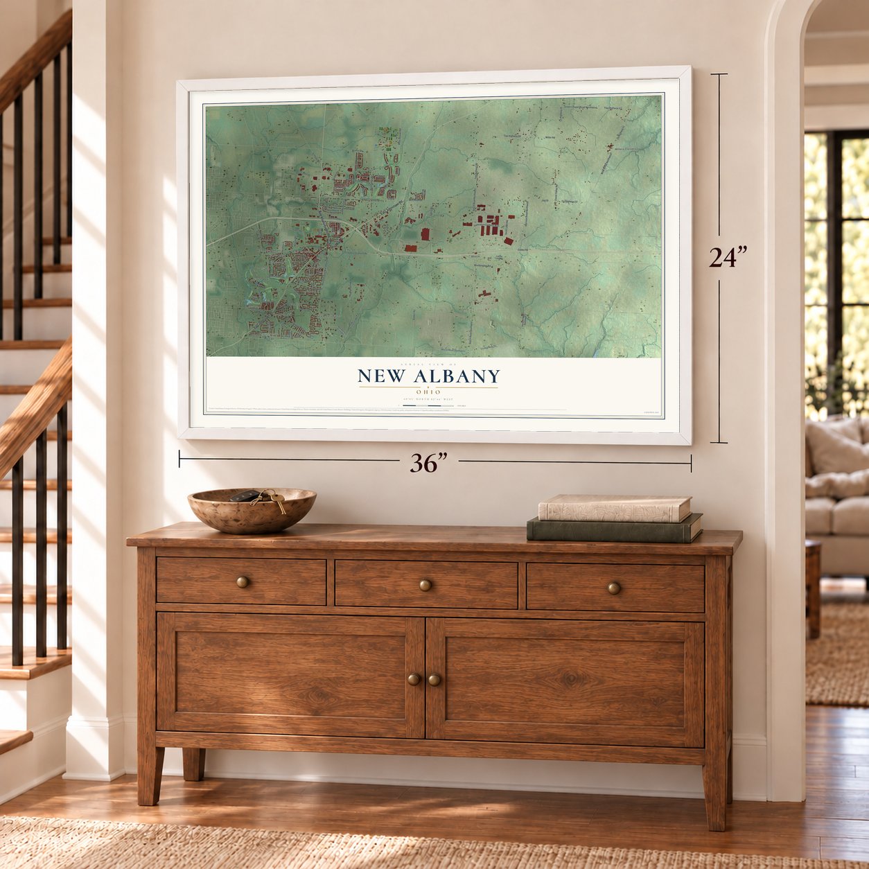 New Albany, Ohio map, 24 x 36 inch print in a white frame above a dresser by a staircase