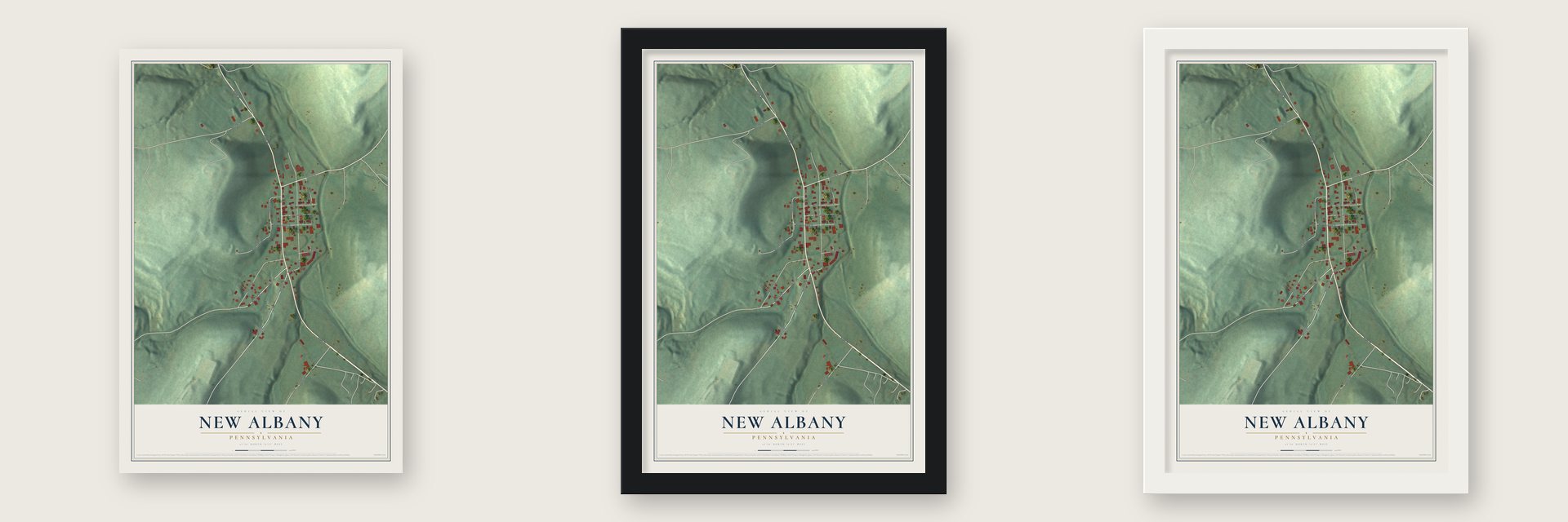 New Albany, Pennsylvania map unframed, in a black wood frame and in a white wood frame