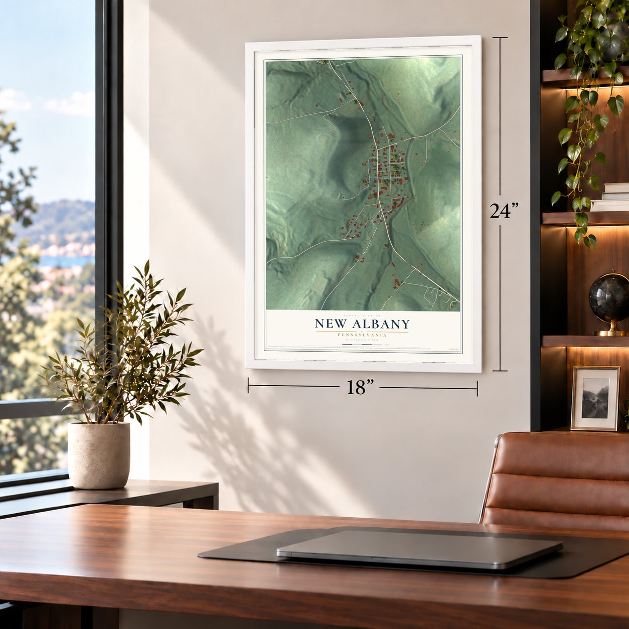 New Albany, Pennsylvania map, 18 x 24 inch print in a white frame in a home office