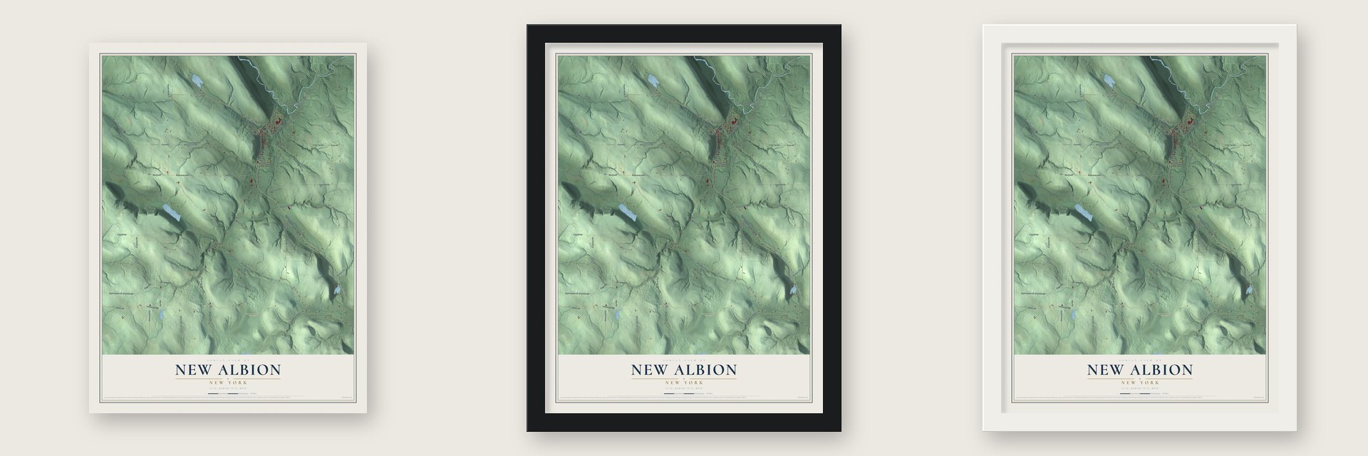 New Albion, New York map unframed, in a black wood frame and in a white wood frame
