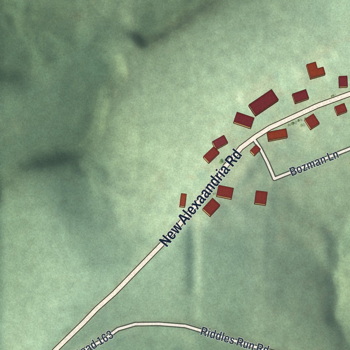 Second close-up of the map of New Alexandria, Ohio print showing more streets and buildings