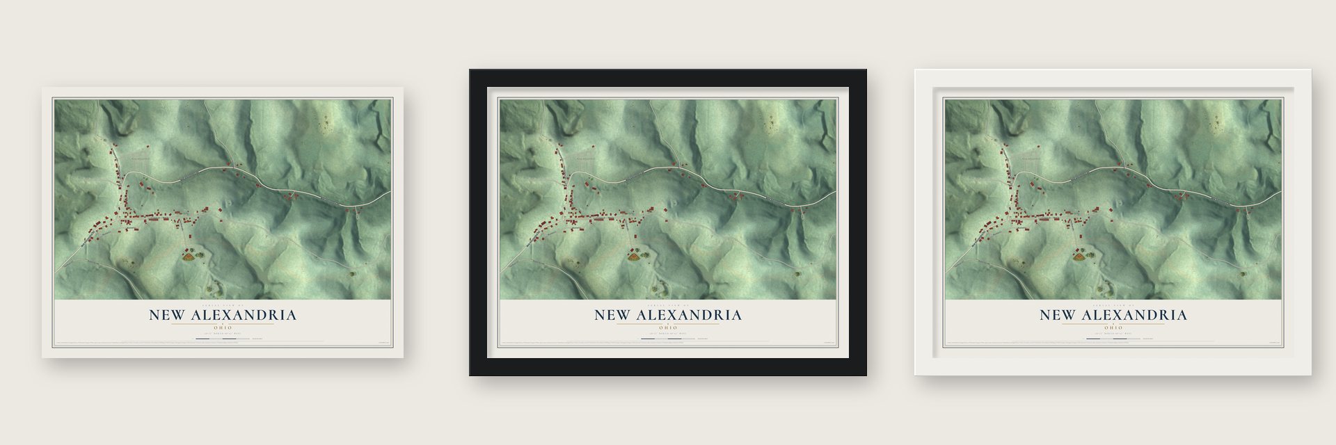 New Alexandria, Ohio map unframed, in a black wood frame and in a white wood frame
