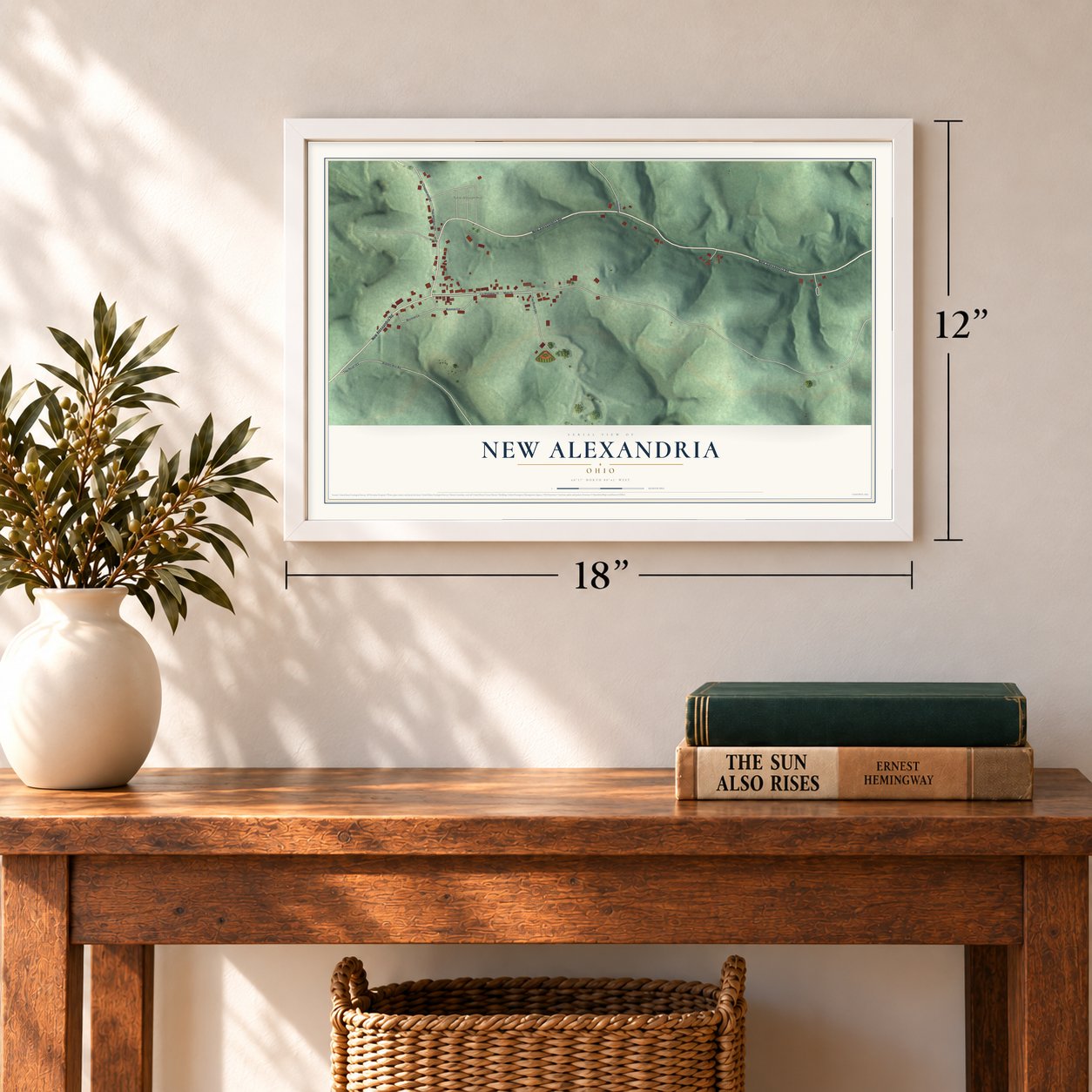 New Alexandria, Ohio map, 12 x 18 inch print in a white frame in an entryway
