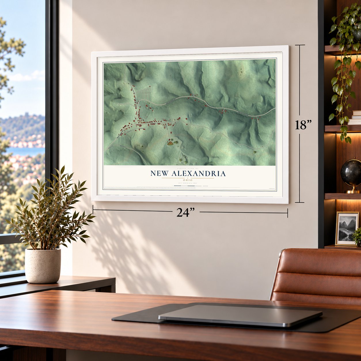 New Alexandria, Ohio map, 18 x 24 inch print in a white frame in a home office