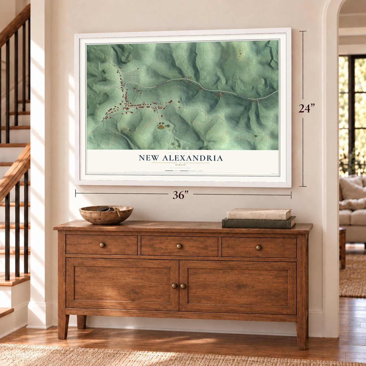 New Alexandria, Ohio map, 24 x 36 inch print in a white frame above a dresser by a staircase