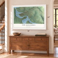 New Alexandria, Pennsylvania map, 24 x 36 inch print in a white frame above a dresser by a staircase