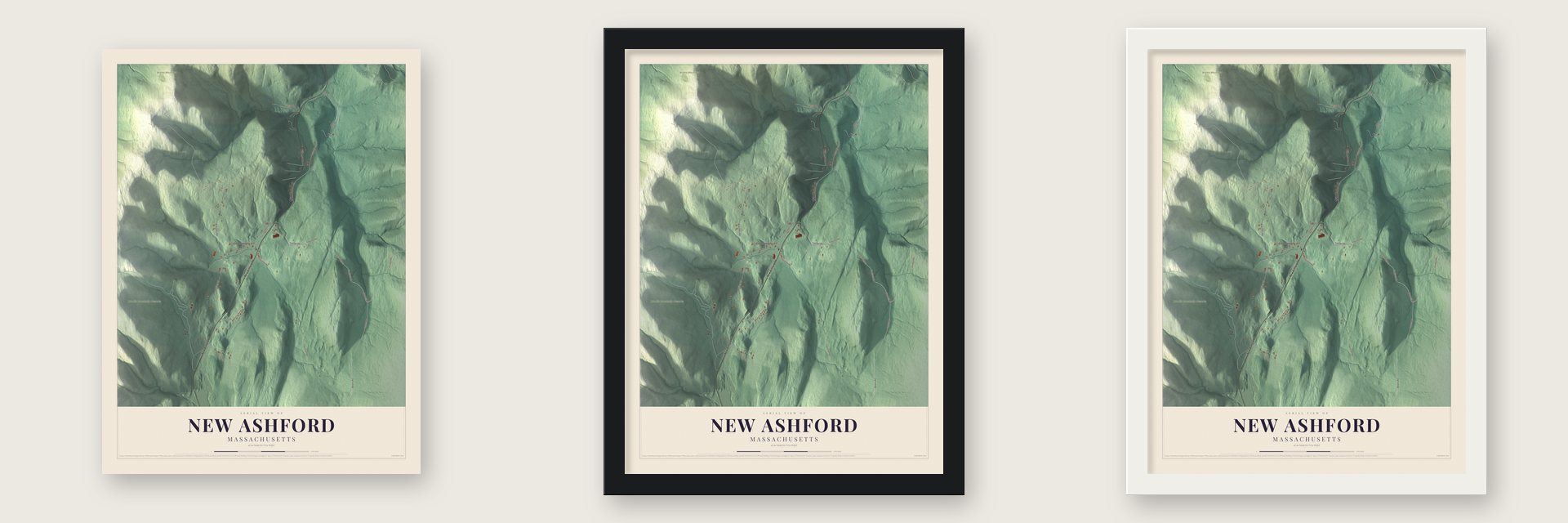 New Ashford, Massachusetts map unframed, in a black wood frame and in a white wood frame