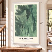 New Ashford, Massachusetts map, 24 x 36 inch print in a white frame by a staircase