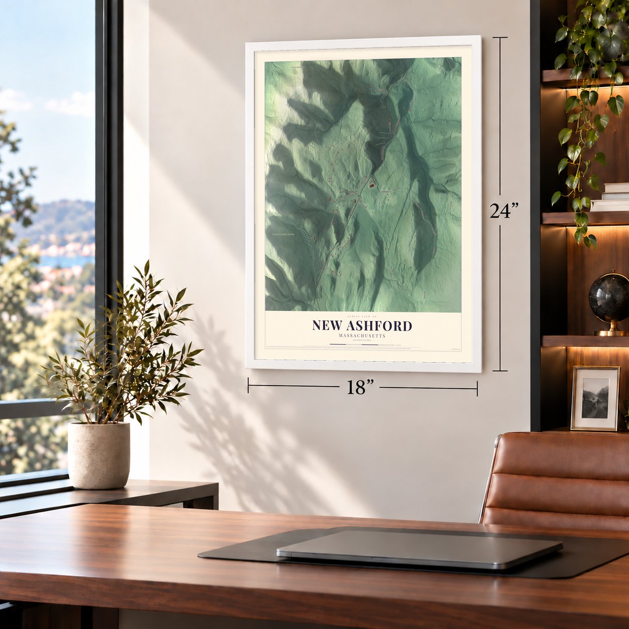 New Ashford, Massachusetts map, 18 x 24 inch print in a white frame in a home office