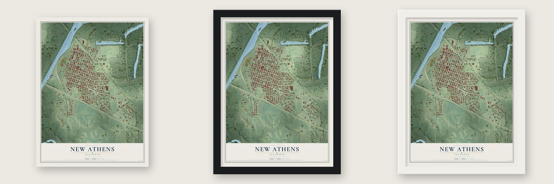 New Athens, Illinois map unframed, in a black wood frame and in a white wood frame