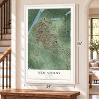 New Athens, Illinois map, 24 x 36 inch print in a white frame by a staircase