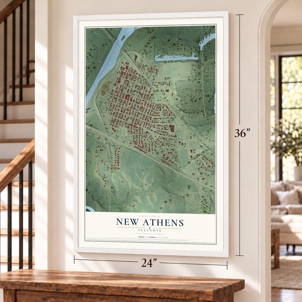 New Athens, Illinois map, 24 x 36 inch print in a white frame by a staircase