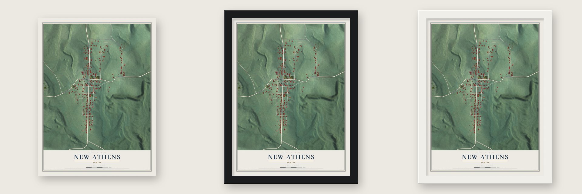 New Athens, Ohio map unframed, in a black wood frame and in a white wood frame