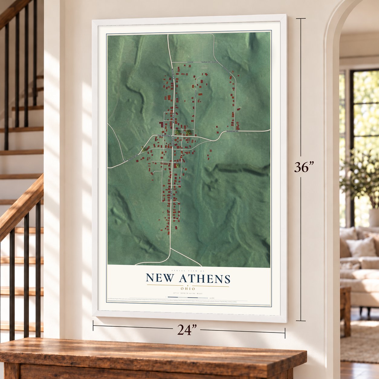 New Athens, Ohio map, 24 x 36 inch print in a white frame by a staircase