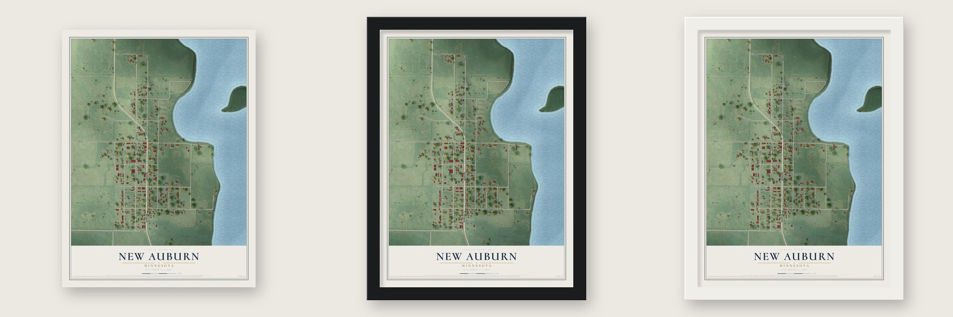 New Auburn, Minnesota map unframed, in a black wood frame and in a white wood frame