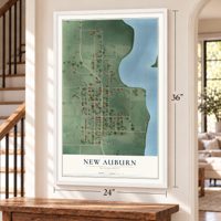 New Auburn, Minnesota map, 24 x 36 inch print in a white frame by a staircase