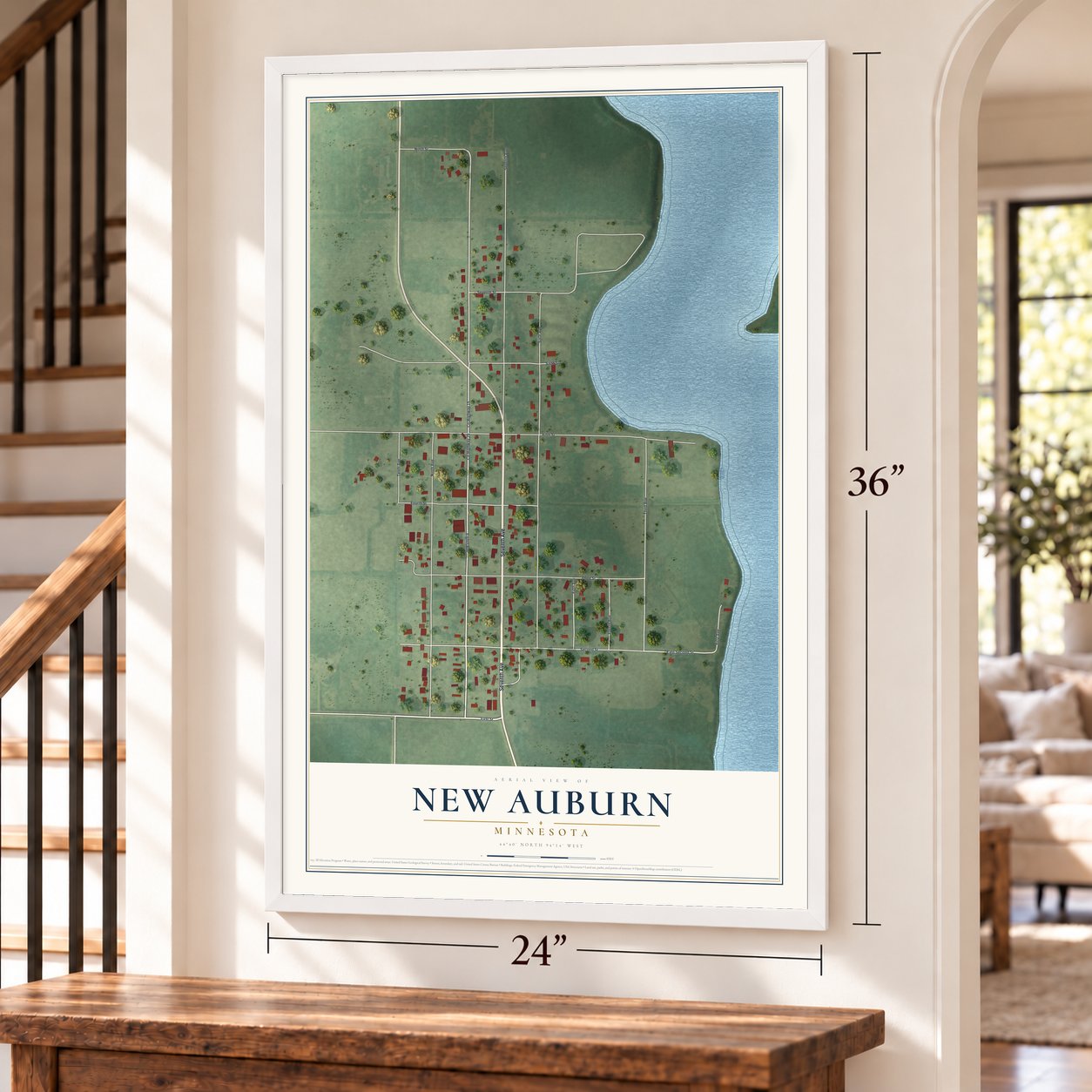 New Auburn, Minnesota map, 24 x 36 inch print in a white frame by a staircase