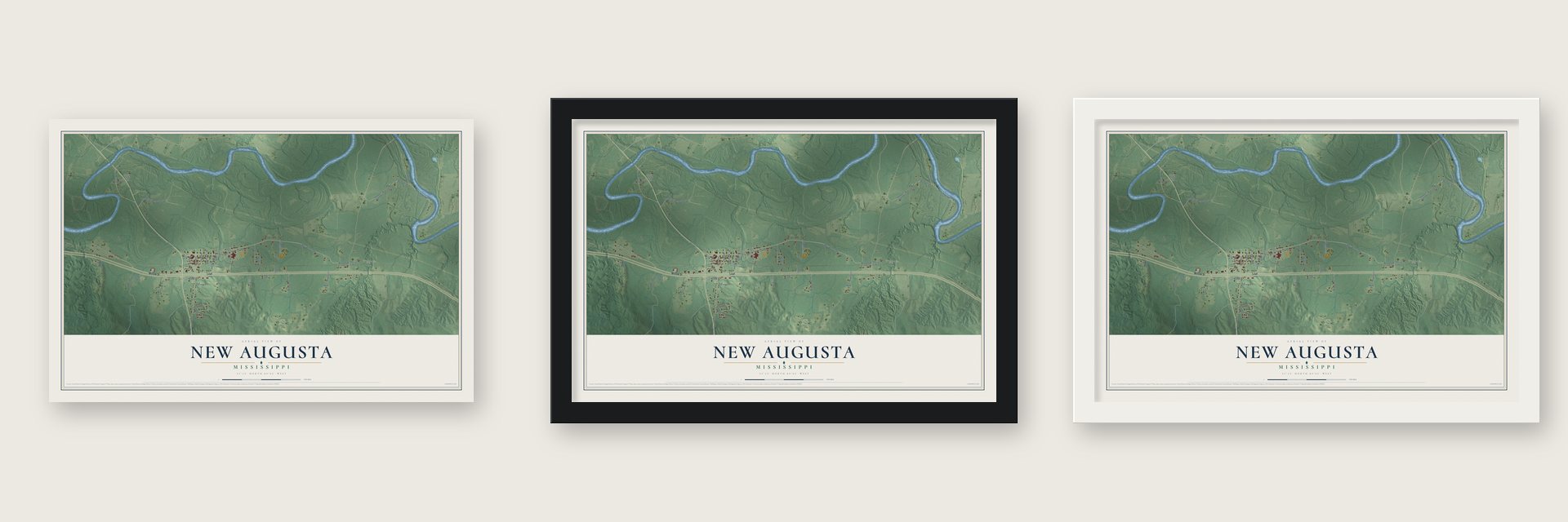 New Augusta, Mississippi map unframed, in a black wood frame and in a white wood frame