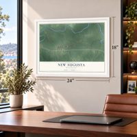 New Augusta, Mississippi map, 18 x 24 inch print in a white frame in a home office