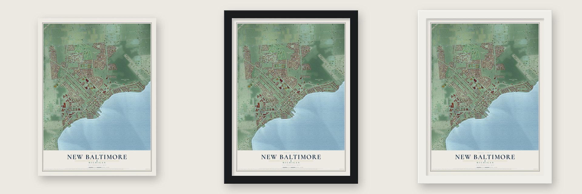 New Baltimore, Michigan map unframed, in a black wood frame and in a white wood frame