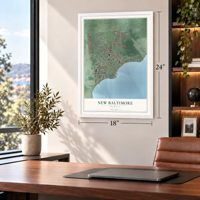 New Baltimore, Michigan map, 18 x 24 inch print in a white frame in a home office