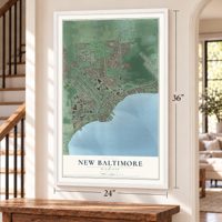 New Baltimore, Michigan map, 24 x 36 inch print in a white frame by a staircase