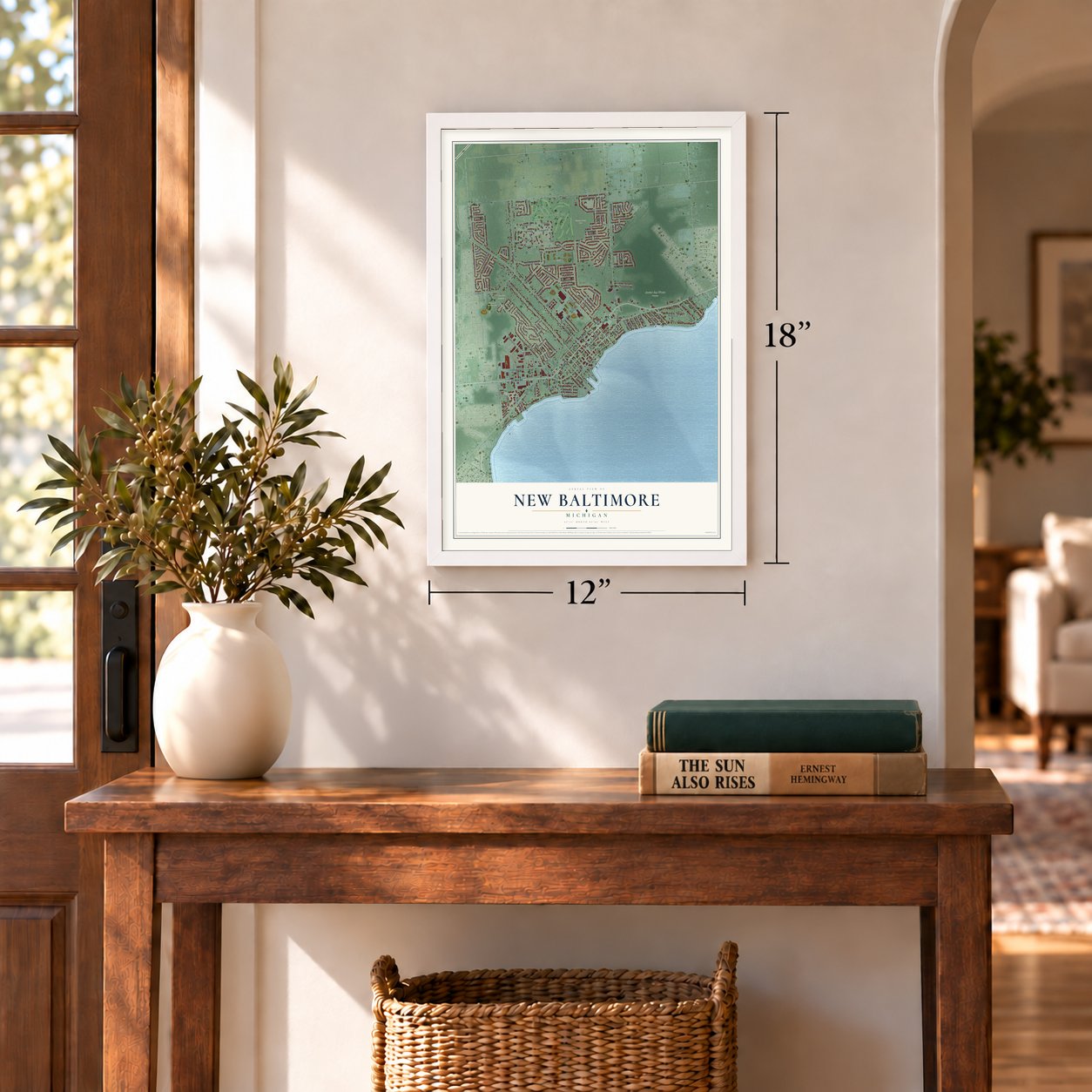 New Baltimore, Michigan map, 12 x 18 inch print in a white frame in an entryway