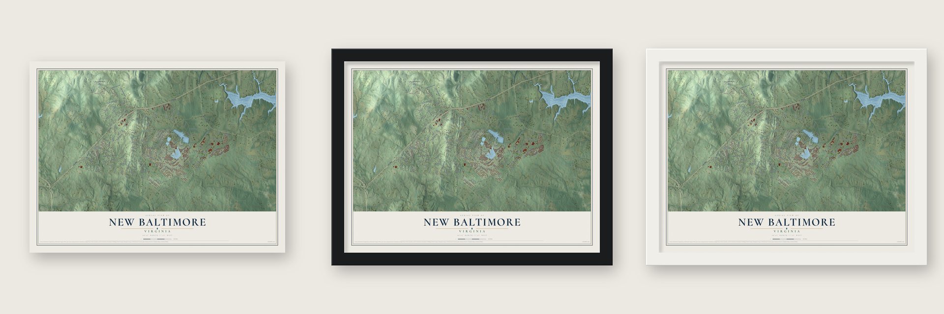 New Baltimore, Virginia map unframed, in a black wood frame and in a white wood frame