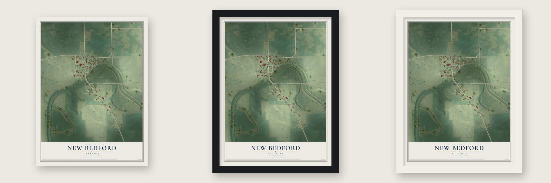 New Bedford, Illinois map unframed, in a black wood frame and in a white wood frame