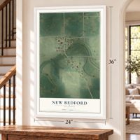 New Bedford, Illinois map, 24 x 36 inch print in a white frame by a staircase