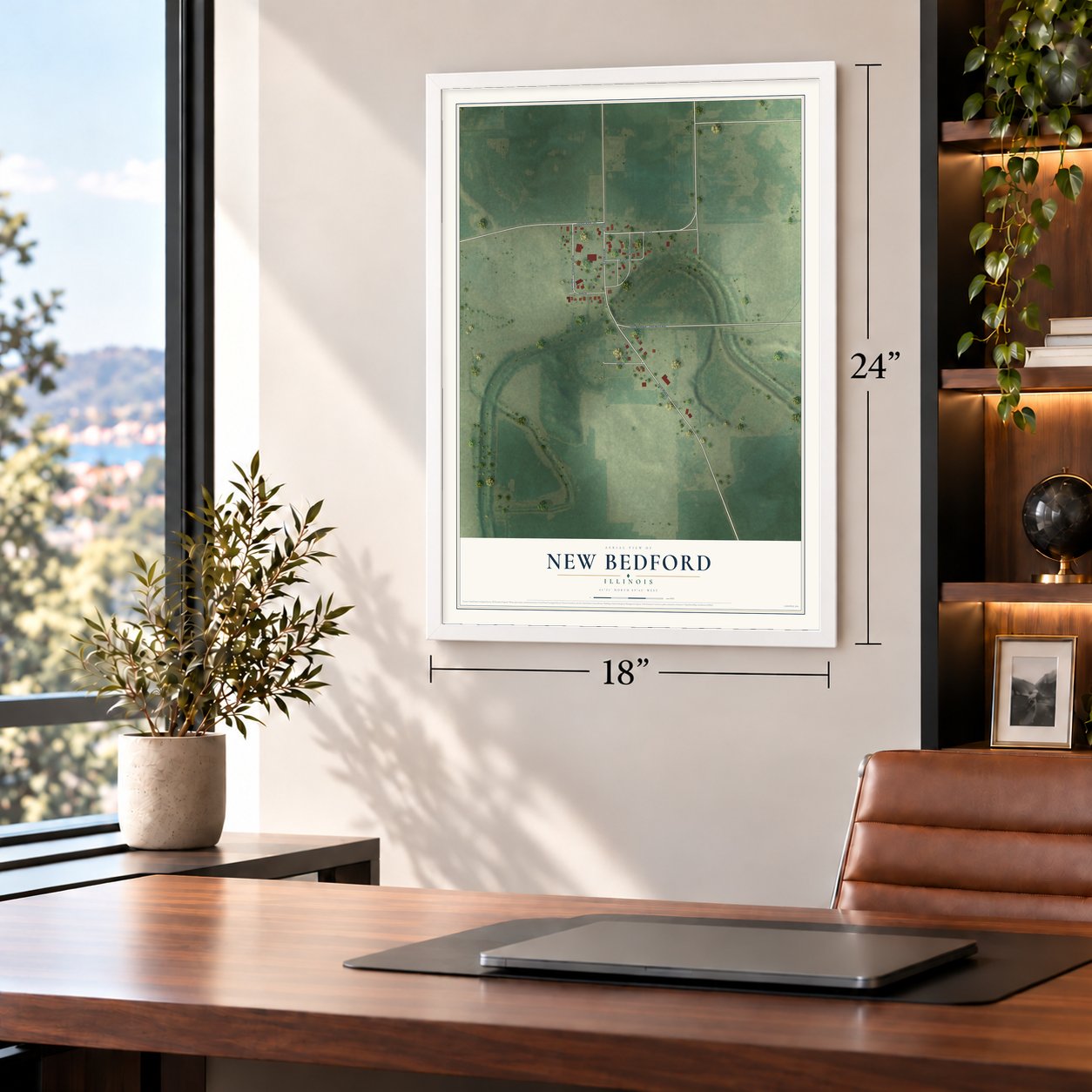 New Bedford, Illinois map, 18 x 24 inch print in a white frame in a home office