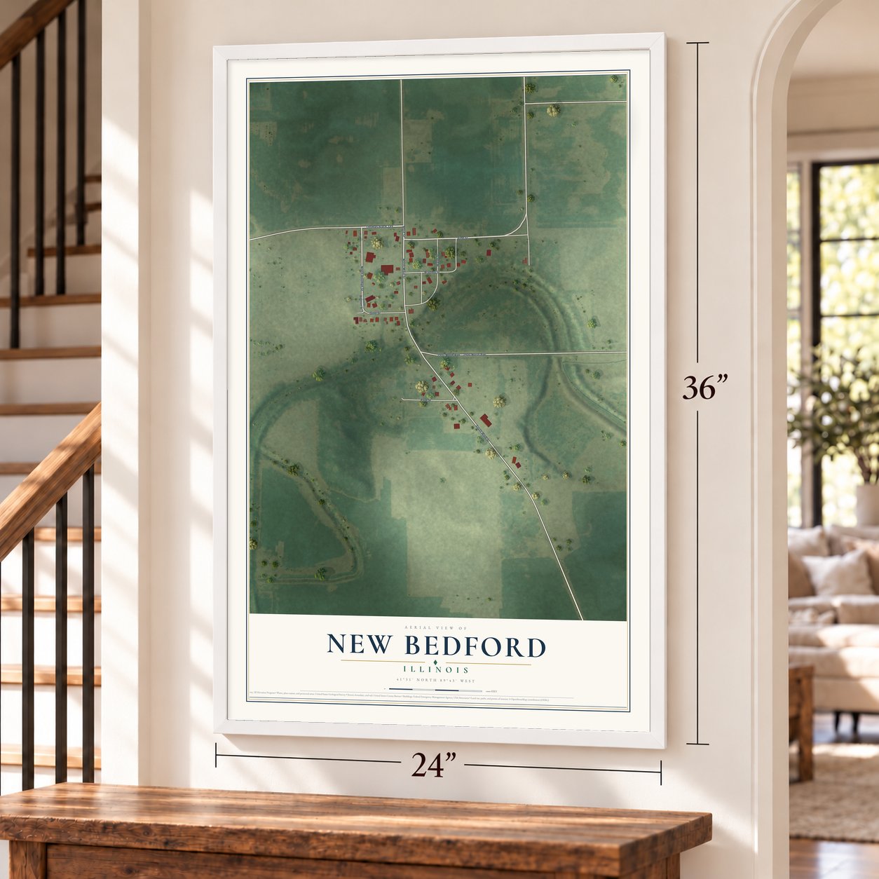 New Bedford, Illinois map, 24 x 36 inch print in a white frame by a staircase