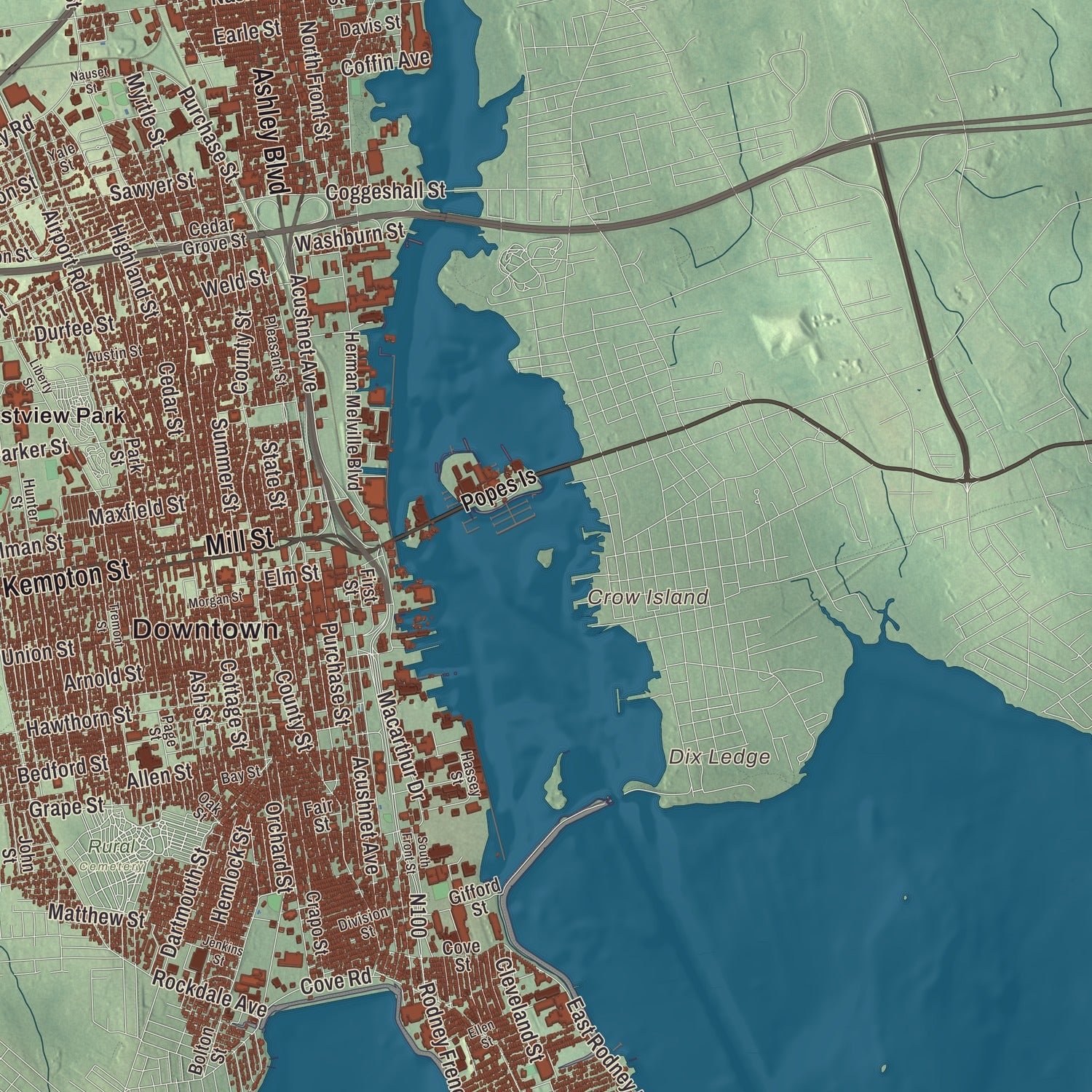 Close-up of the map of New Bedford, Massachusetts print showing terrain and local geography