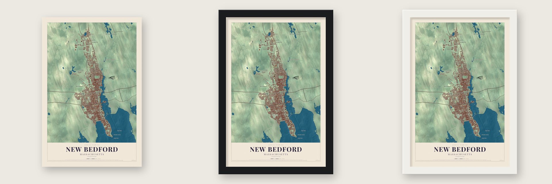 New Bedford, Massachusetts map unframed, in a black wood frame and in a white wood frame