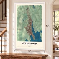 New Bedford, Massachusetts map, 24 x 36 inch print in a white frame by a staircase