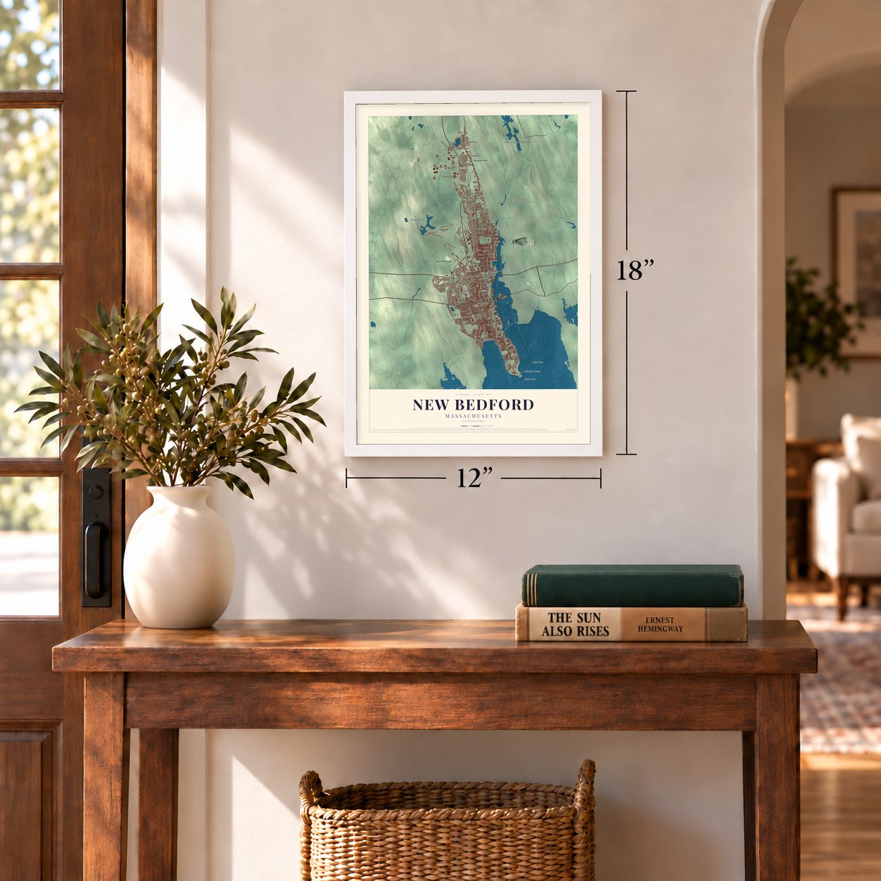 New Bedford, Massachusetts map, 12 x 18 inch print in a white frame in an entryway